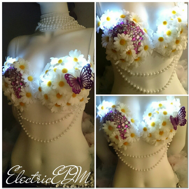 LED 32DD Daisy & Purple Butterfly rave bra