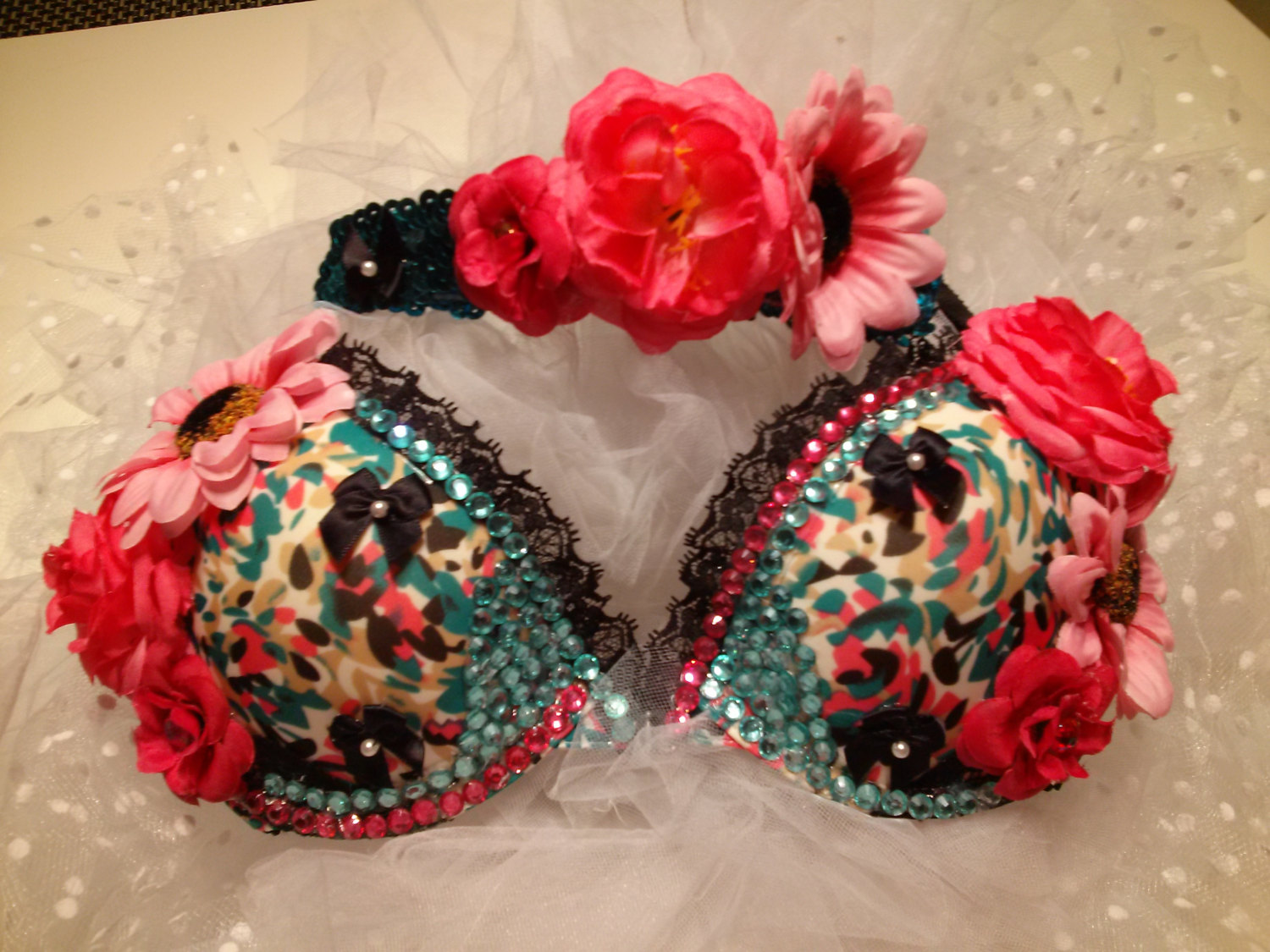 SOLD - Aqua and pink flower 32B Rave Bra with matching flower headband